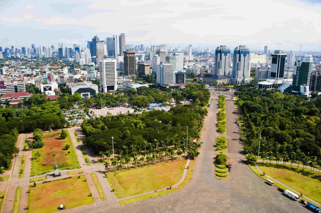 Jakarta city skyline from Monas, the national monument, Java, Indonesia, Southeast Asia, Asia, Asia