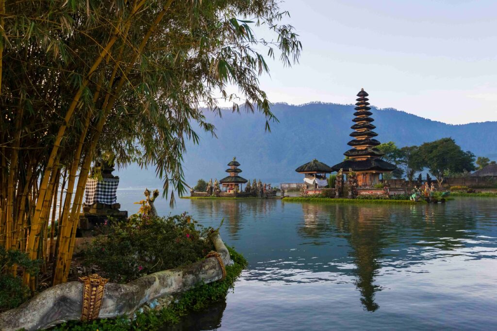 Pura Ulu Danau Bratan Temple in Bali Early morning, sunrise, tw