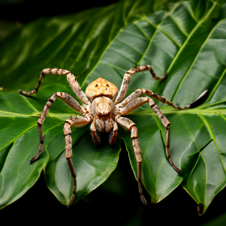 beige javan huntsman spider on a tropical leaf