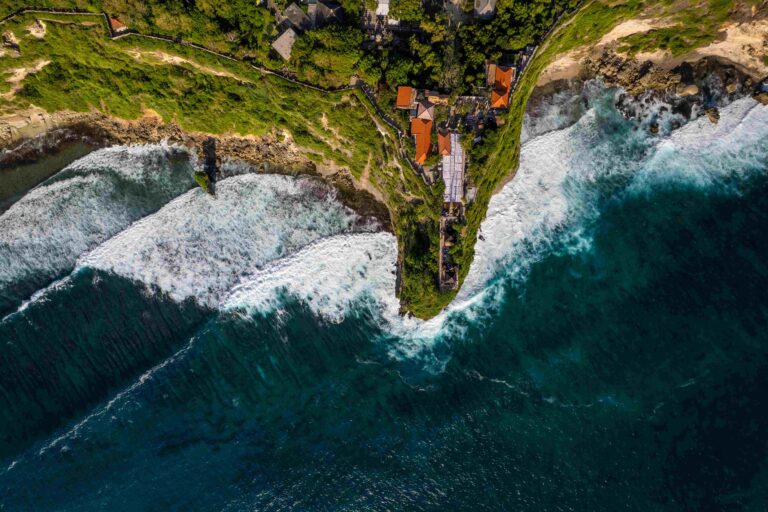 Aerial photo of Uluwatu temple, tourist and travel site in in Bali, Indonesia