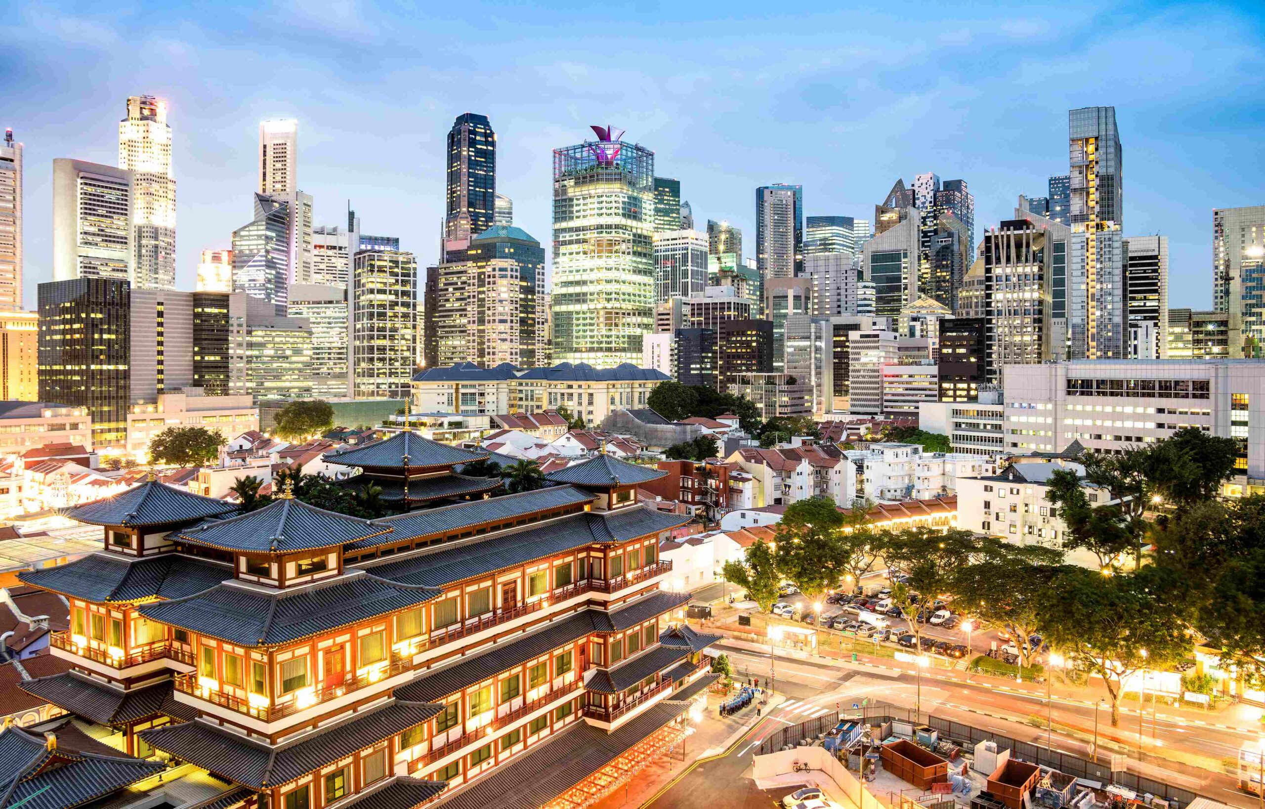 High view of Singapore skyline with skyscrapers and Tooth Relic