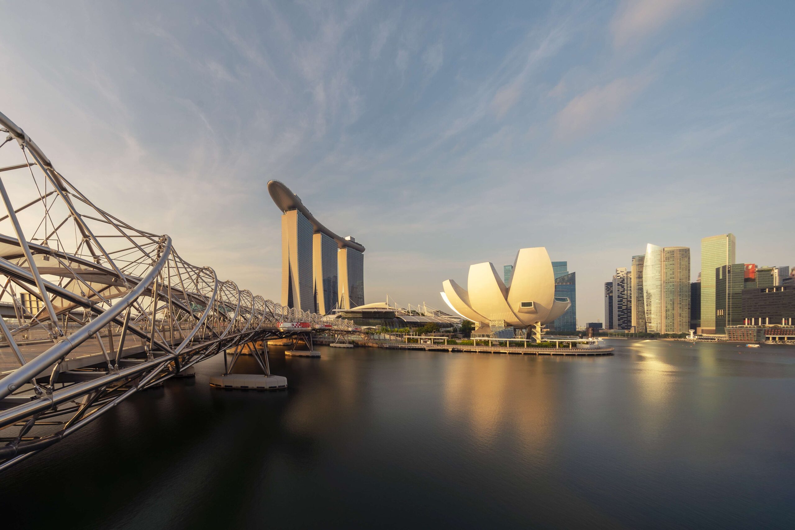 Downtown Singapore city in Marina Bay area at sunrise Financial district and skyscraper buildings