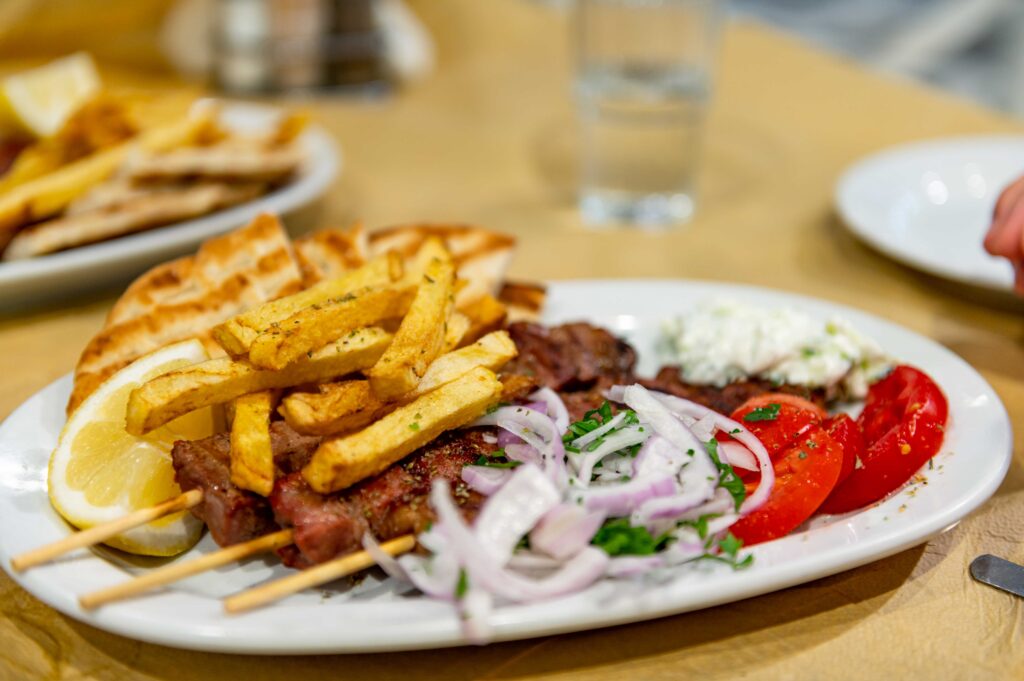 Fried meat souvlaki, Greek restaurant