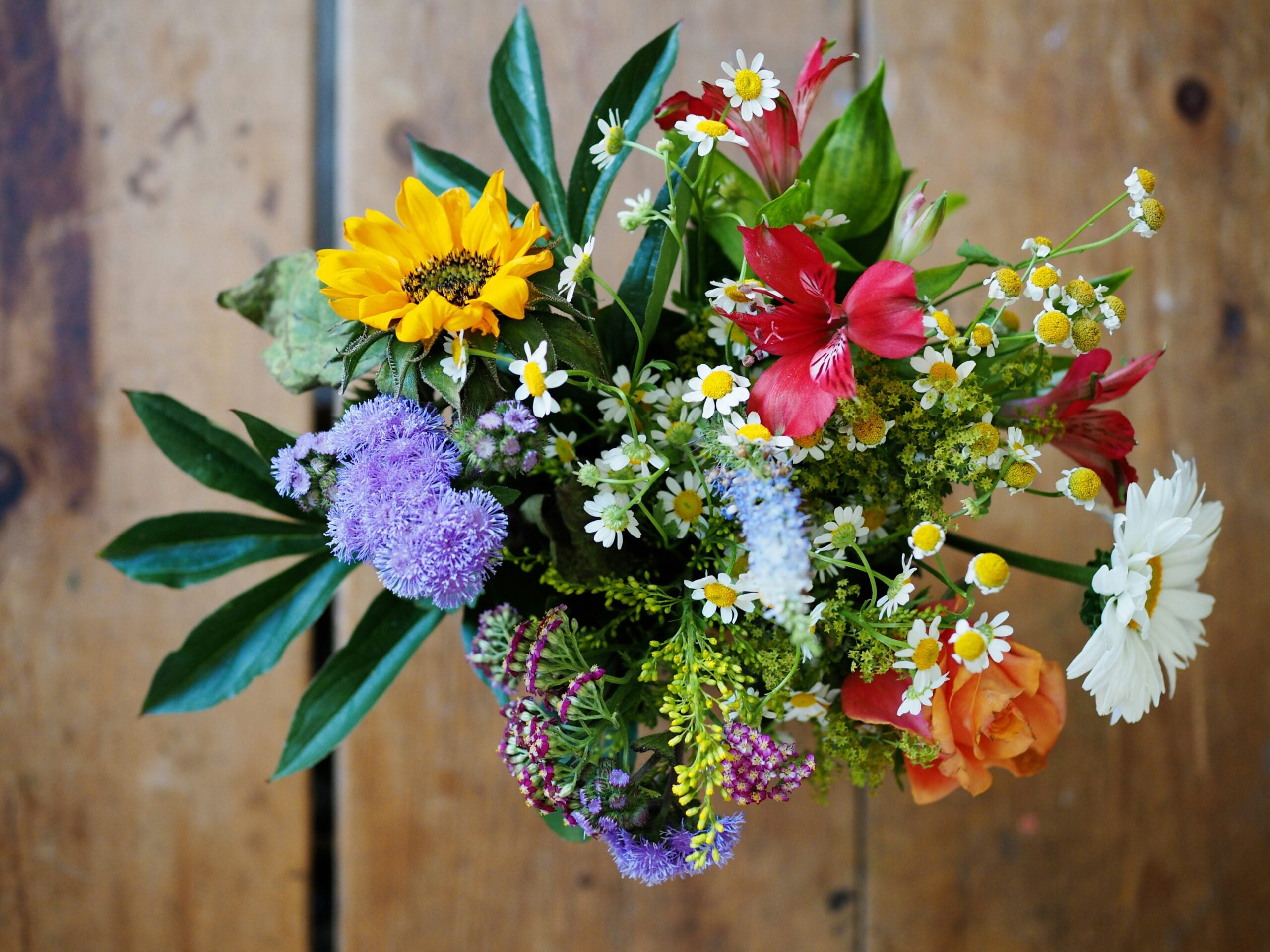 assorted-color-flowers-on-brown-wood